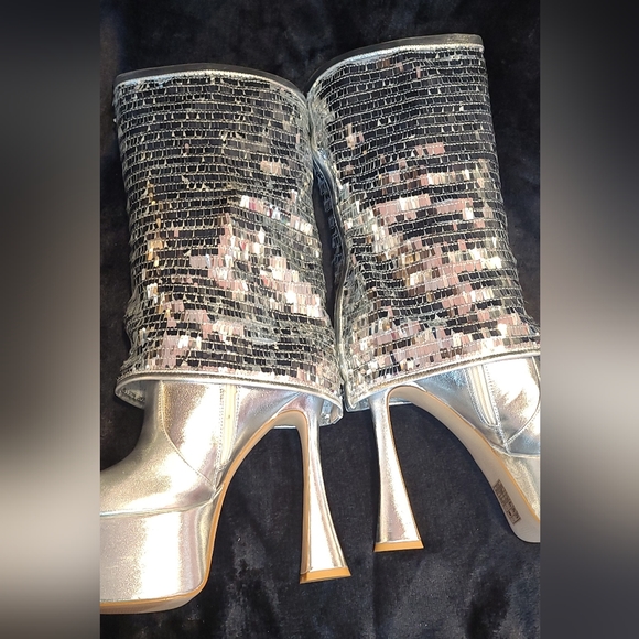 simmi Shoes - Silver Sequin Platform Mule Boots - Women's High Heel